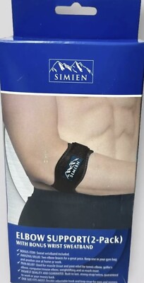 Simien Elbow Support 2-pack W/ Bonus Arm SweatBand One Size Fits All. Black. New