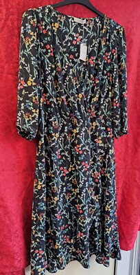 Oasis Black Floral Dress UK 14 Chiffon Wrap Top Dipped Back Hem NWT RRP £65.00