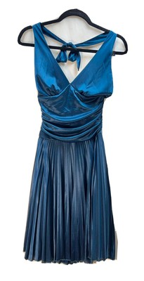 Beata Studio Blue Pleated Dress 90 Y2k Retro Style Apron Halter Tie Size 7/8