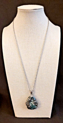 Dendritic Agate Floral Pendant Necklace White Austrian Crystal Accent Stainless