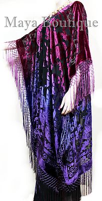 Pre-owned Maya Matazaro Violet Magenta Wearable Art Kimono Caftan Fringe Jacket Burnout Velvet Hand Dyed In Violet Magenta Ombre