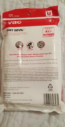 VAC DIRT DEVIL STYLE U-- 3 BAGS AA10003  ALLERGEN MEDIA NEW