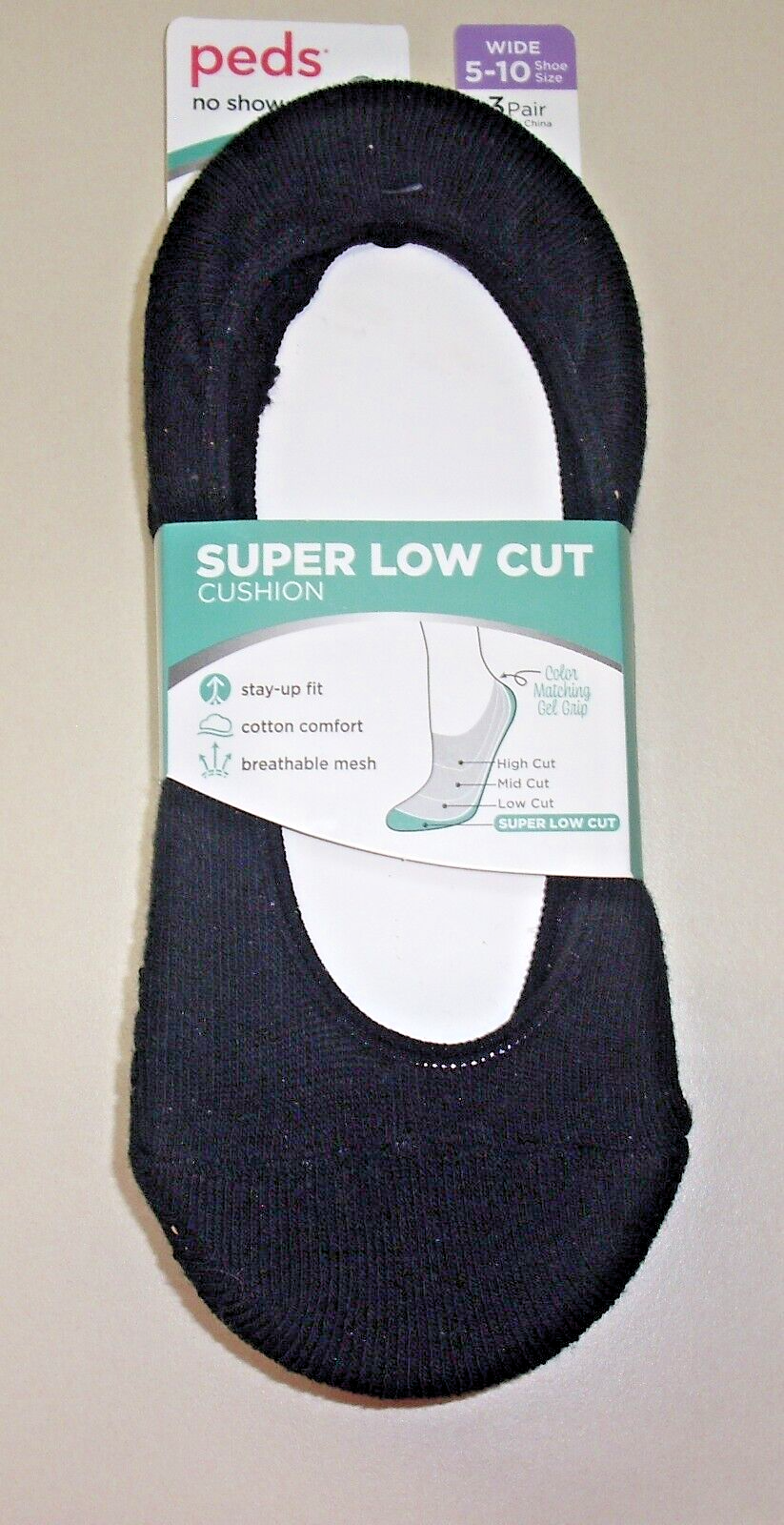 3 Pair Super Low Cut Cushion Black Wide 5-10 Shoe Size