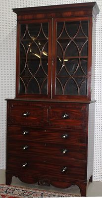 Antique Original English Georgian Mahogany Bookcase Secretary Ivory insets C1790