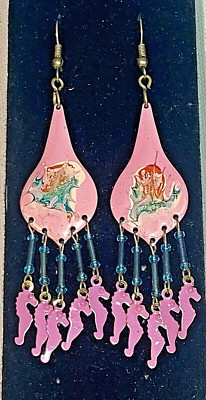  HAND-CRAFTED Painted Metal EARRINGS Blue Bead DANGLE Pink SEAHORSES