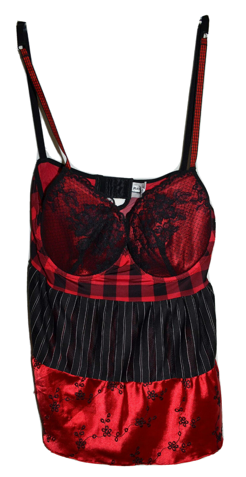 Rampage Red Black Check Embroidered Floral Striped Middle