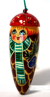 Russian Vintage Made in USSR Christmas Wooden Hand Painted Ornament FirCone #118