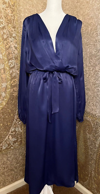 New!!! Mango Satin Long Wrap Top Dress V Neck Sleeves Navy  MNG Sz 10 NWT
