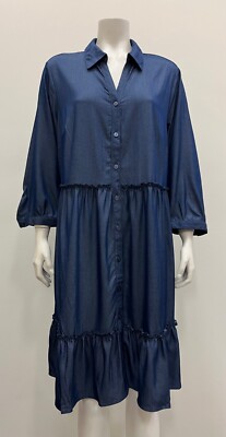 Mlle Gabrielle faux tencel denim dress,3/4 sleeve, button down,collared,ruffels.
