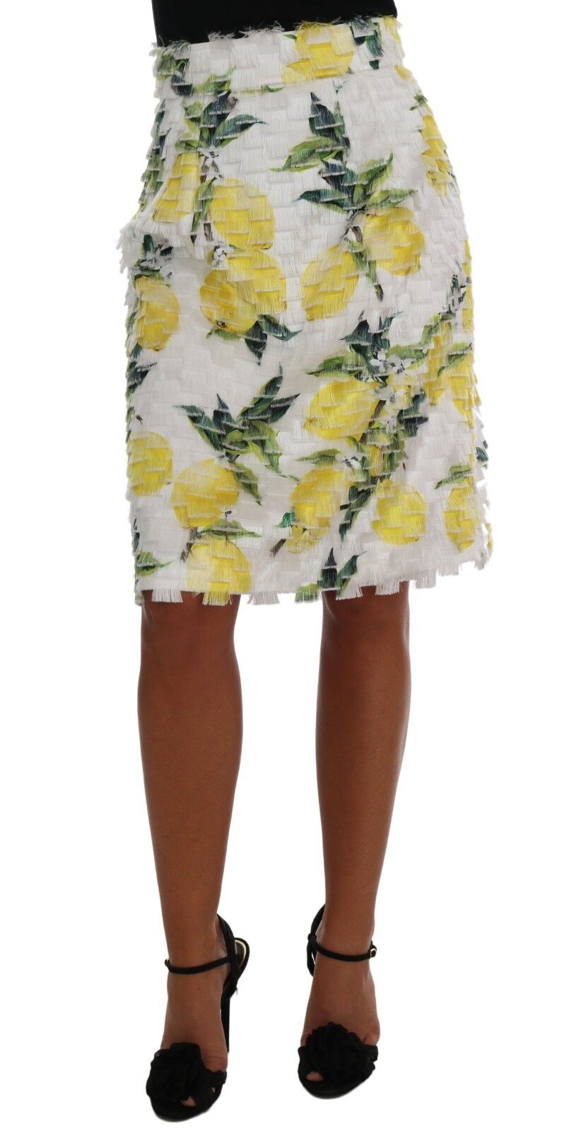 Pre-owned Dolce & Gabbana Lemon Print Fringe Skirt Pencil Straight It38/us2 /xs Rrp $1200 In Multicolor