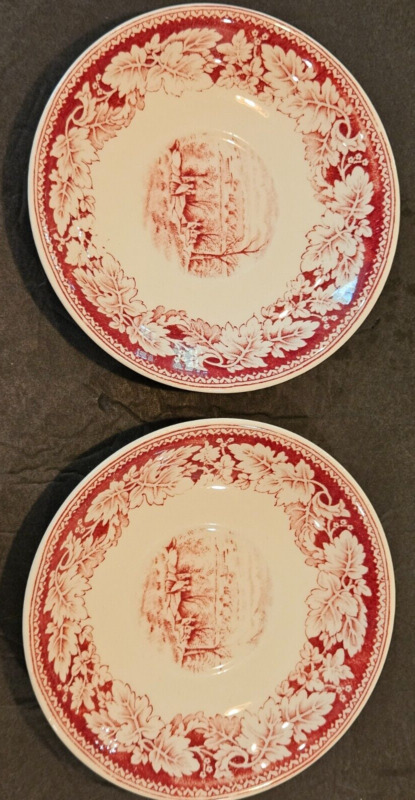 Vintage Homer Laughlin Red Currier & Ives Set Of 2 Saucers Replacements