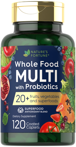 Цельнопищевые мультивитамины с пробиотиками | 120 капсул | от Natures Fortune