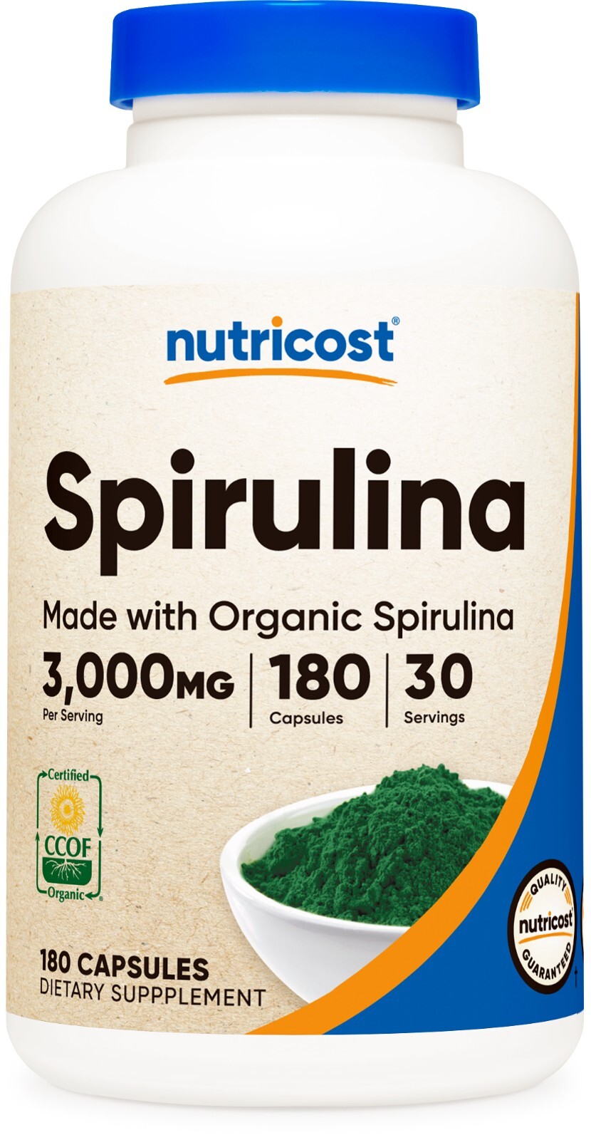 Nutricost Spirulina 3000 мг, 180 капсул, изготовленных из органической спирулины