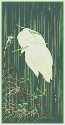 Asian Crane Birds in Rain by Ohara Koson Shoson Counted Cross Stitch Pattern