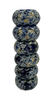 Vintage 6 pc Russian Hand Painted Blue Lacquered Wood Napkin Rings