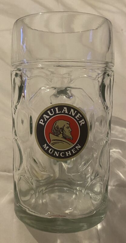 PAULANER MUNCHEN 1 Liter Dimpled German Munich Beer Stein Glass Mug 8”