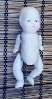 Vintage 4 Inch Bisque Porcelain Hand Painted Jointed Baby Doll w/Wired Joints
