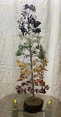 Extra Large 2000 chips 7-Chakra Agate Stone wood base Silver stem Christmas Tree