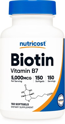 Nutricost Biotin (5,000mcg) in Coconut Oil 150 Softgels - Gluten Free, Non-GMO