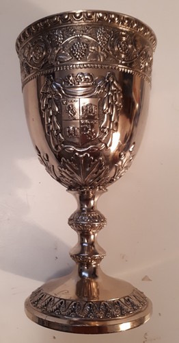 TWO BEAUTIFUL LARGE WINE CHALICES-PLATED EMBOSSED METAL-EXCELLENT-NEW & UNUSED