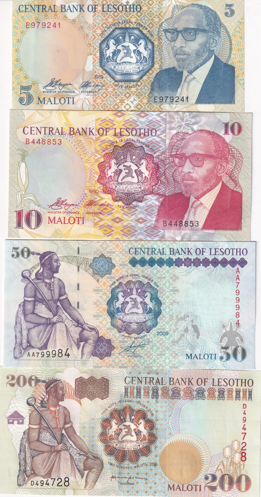 Lesotho Set 4 UNC 5 10 50 200 Maloti P 10 11 17 20 , Moshoeshoe II & I
