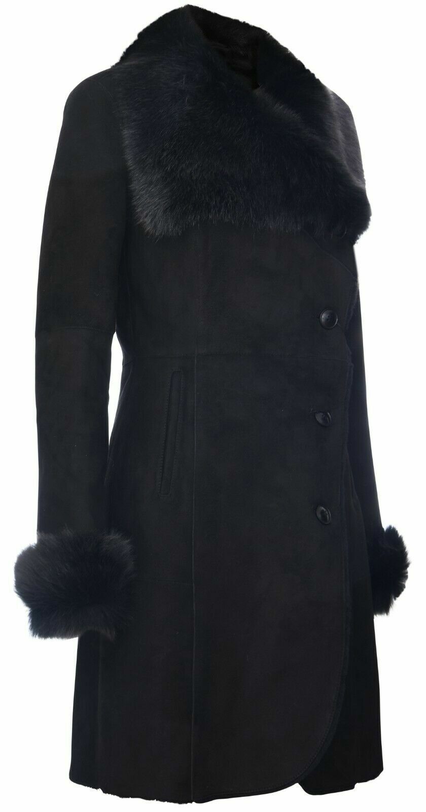 Pre-owned Infinity Ladies Warm Black Suede Merino Shearling Sheepskin Coat With Toscana Collar