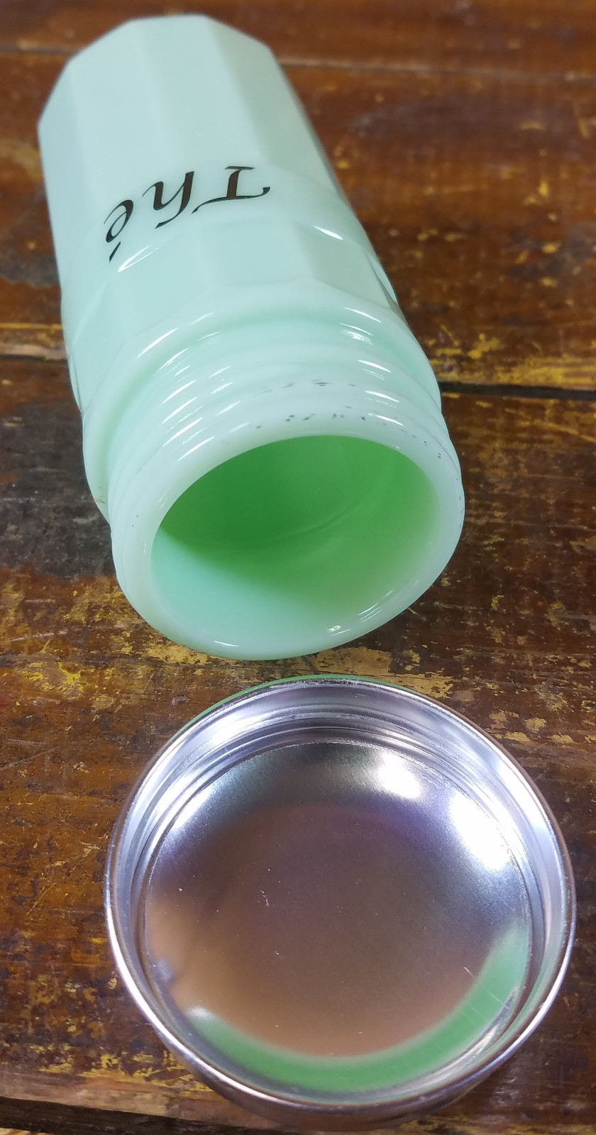 JADITE GREEN GLASS FRENCH TEA THE KITCHEN STORAGE CANISTER METAL SCREW ON LID