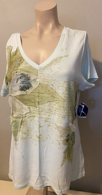 BANDOLINOBLU T-SHIRT TOP SEAFOAM GREEN LE FLEUR MARKET FLORAL APPLIQUE XL NWT