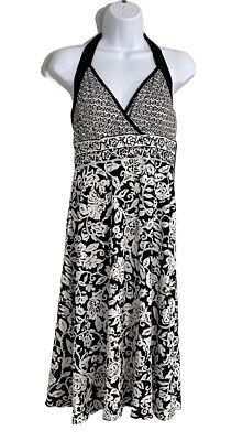 Donna Morgan Women's V-Neck Halter Sleeveless A Line Dress Size 8 Black/Ivory