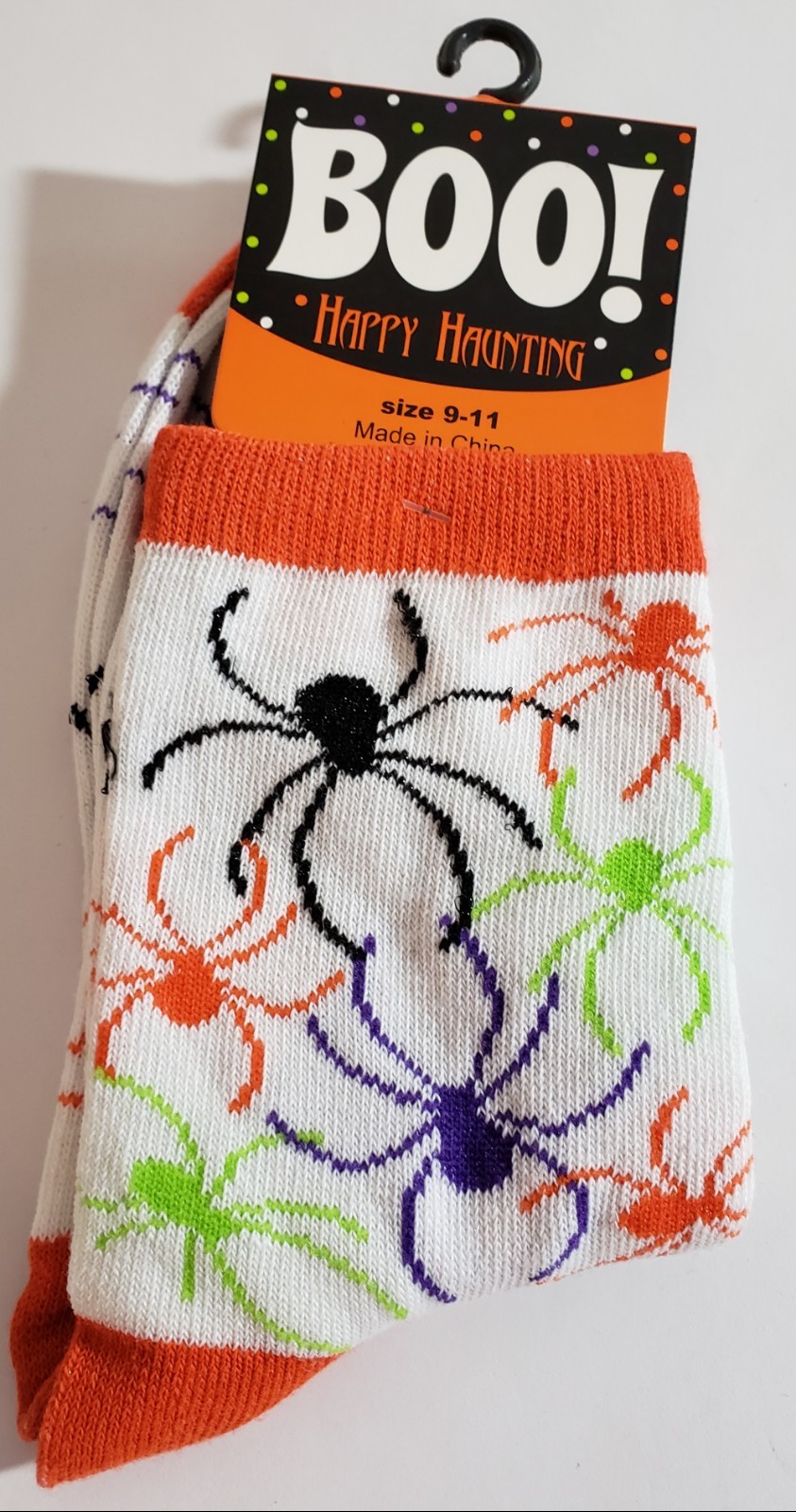 Halloween Socks Ladies Size 6-8 and 9-11 (White/Orange Sock, Multi Color Spider)