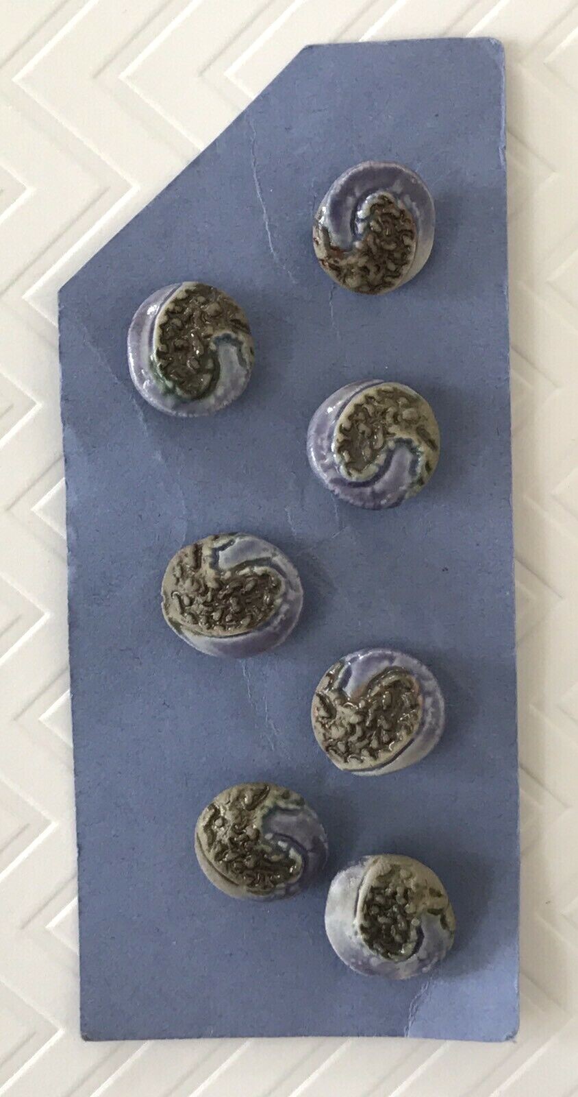 7 VTG Paisley Shank Buttons Ceramic Periwinkle Blue Purple 5/8 Inch Clay Unused