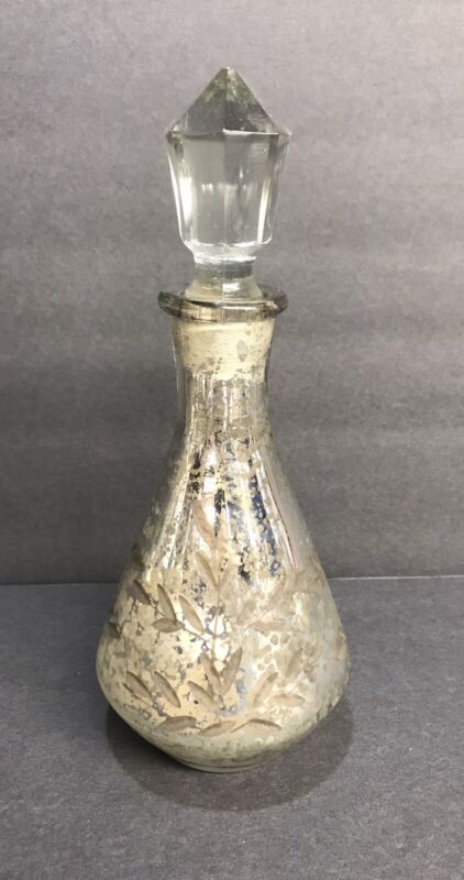 Etched Mercury Glass~Perfume Bottle With Glass Stopper~ Decorative Only.