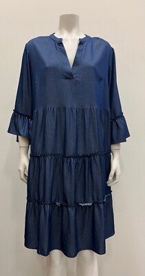 Mlle Gabrielle faux tencel denim dress,plus size,3/4 bell sleeve,ruffels.