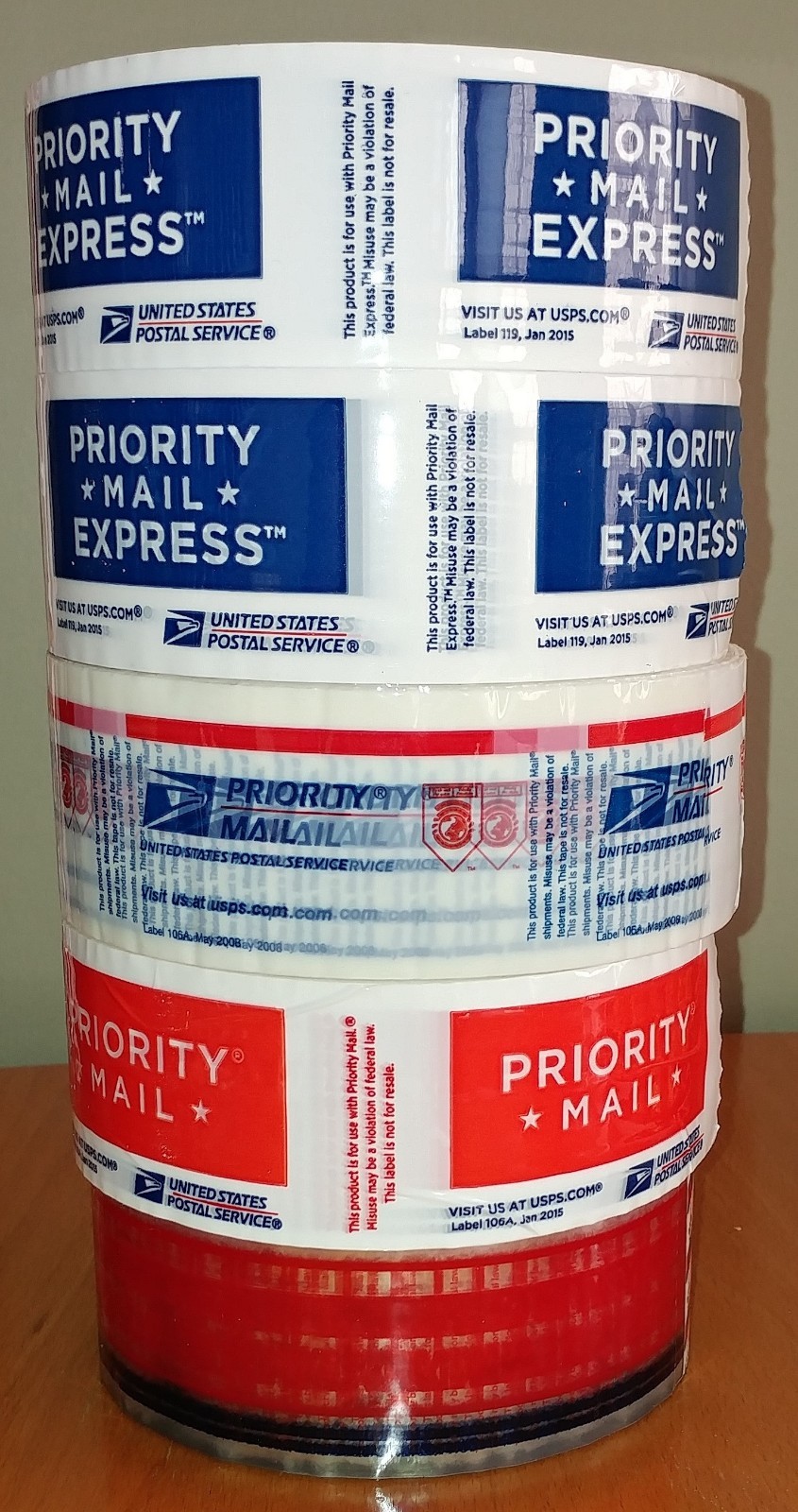5 ROLL USPS EXPRESS MAIL PRIORITY TAPE JAN 2015 119 NOV 2018 A106 CLEAR BLUE RED