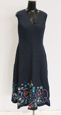 IVKO Women's Embroidered Linen Dress, Nomad Motif CD4 Navy Medium (38) NWT