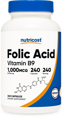 Nutricost Folic Acid (Vitamin B9) 1000 mcg, 240 Capsules - Gluten Free & Non-GMO