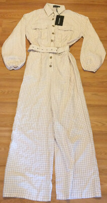 NWT Pretty Little Thing checked jumpsuit size 6 belted long sleeve