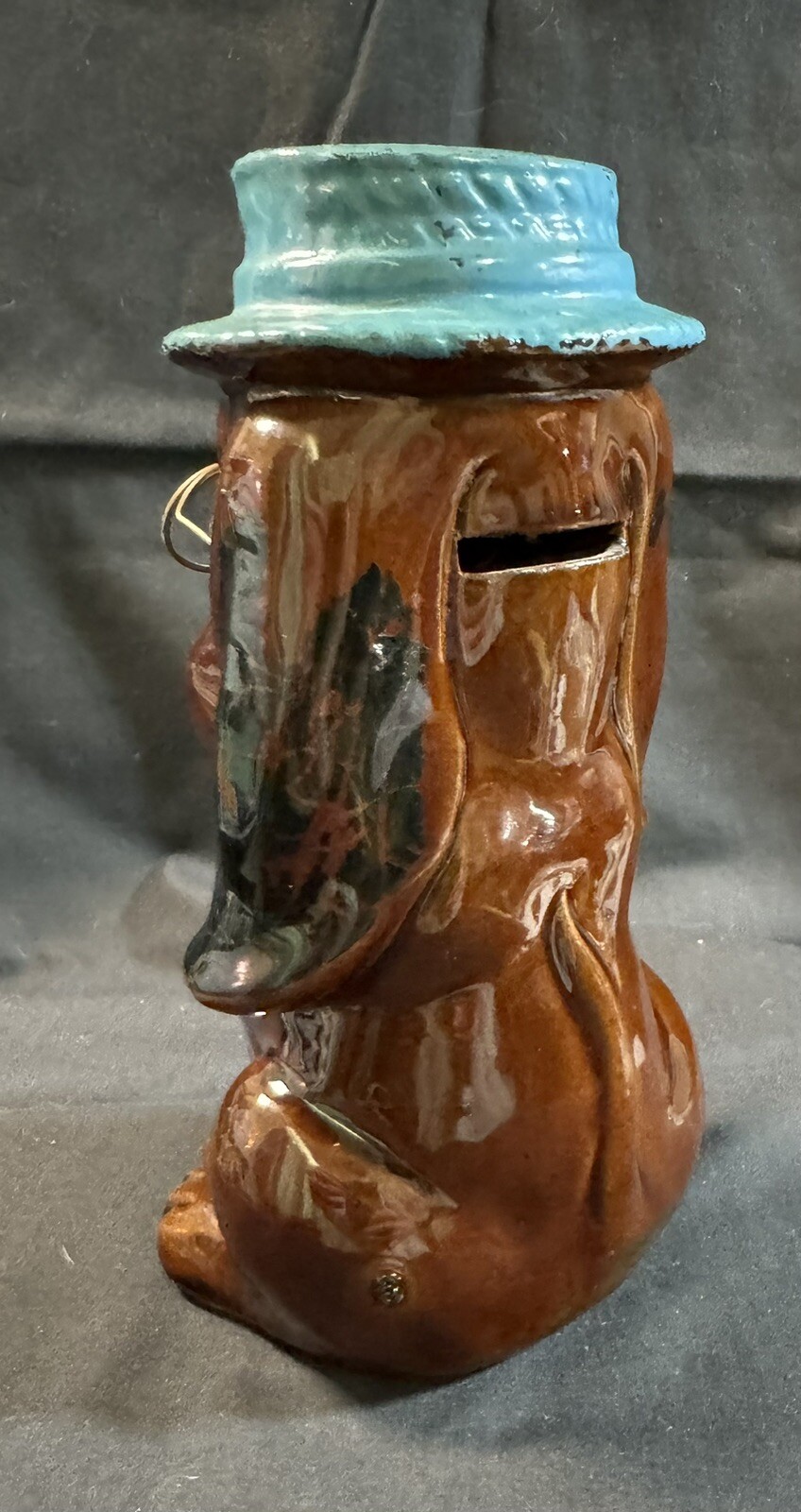Vintage Enesco Droopy Hound Dog Coin Bank With Glasses  And Blue Hat Ceramic 7”
