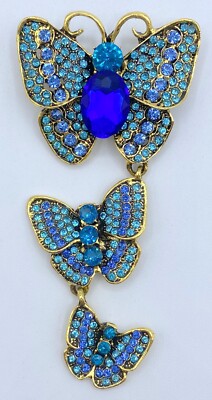 T3-397  BROOCH GOLD TONE PIN 4.5'' ANIMAL RHINESTONE BUTTERFLY BLUE