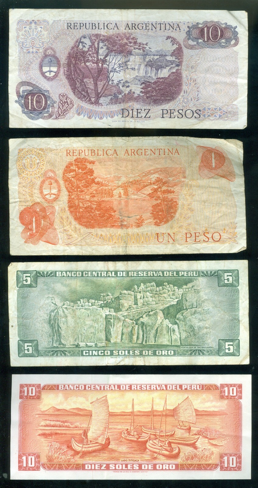 (4)  Peru & Argentina banknotes 1, 5 &10 Pecos, (2) Peru notes are 1971