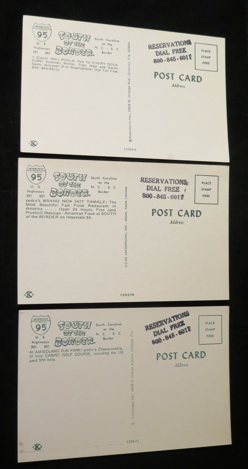 3 South of the Border Amigoland Pedros Hot Tamale Hotel Pool Hamer SC Postcards