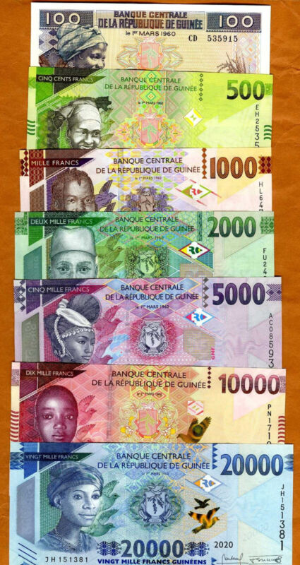 SET Guinea 100-500-1000-2000-5000-10000-20000 francs 2015-2022 UNC   Colorful