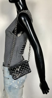 LEATHER Lip Quilted Rhinestone SNAKE Purse Bag Moto Rock Service Clutch Black