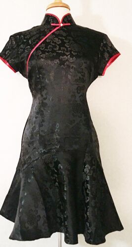  Short Sleeve Modern Adapted Chinese Cheongsam Qipao Dress Black in Floral Print