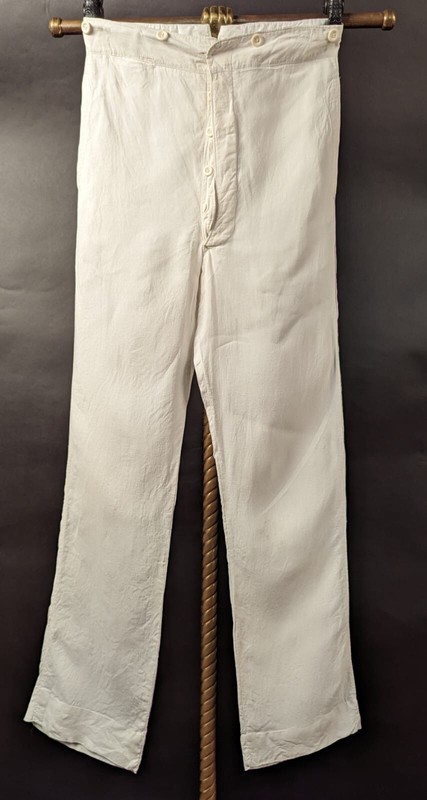 1860'S MEN'S WHITE LINEN PANTS W STITCH POCKET DETAIL +