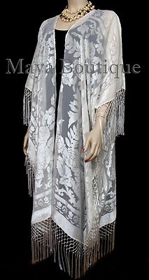 Pre-owned Maya Matazaro Ivory Kaftan Duster Fringe Jacket Kimono Opera Coat Burnout Velvet  In White
