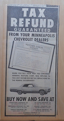 1965 newspaper ad for Chevrolet - Tax Refund Guaranteed from Minneapolis dealers