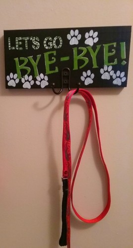 Handpainted Wood Dog-Puppy Leash Hanger/Hook Makes Great Gift! Let's Go ByeBye!