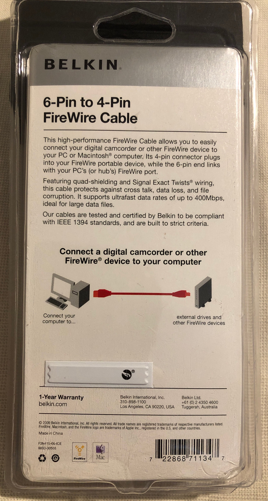 Belkin 6-Pin to 4-Pin Firewire Cable - 6 Feet - New Sealed in Package