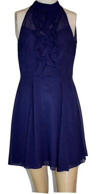 BCBGeneration Navy Blue Sleeveless Ruffle Fit & Flare Dress Sheer Back Sz 2 EUC